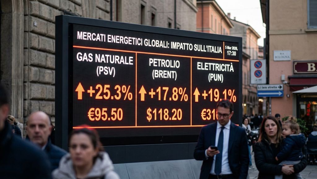 Un tabellone digitale in una piazza italiana mostra grafici e percentuali in aumento per i prezzi di gas, petrolio ed elettricità, a simboleggiare l'impatto della crisi mediorientale sull'economia del Paese